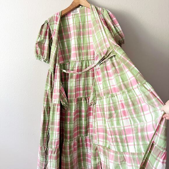 SZ Blockprints Emily Green/Pink Plaid Maxi Wrap Dress women’s size medium - Picture 9 of 11